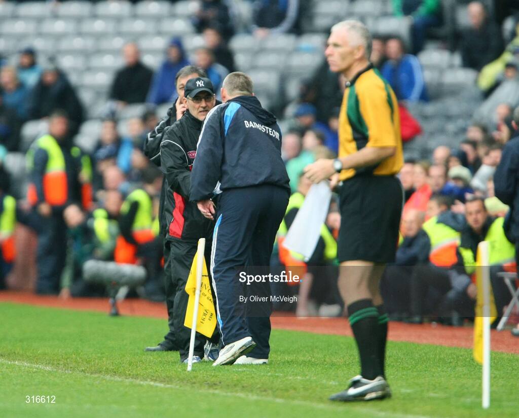 16 August 2008; Dublin manager Paul Caffery goes to shake the hand of Tyrone manager Mickey Harte before the end of the game. GAA Football All-Ireland Senior Championship Quarter-Final, Dublin v Tyrone, Croke Park, Dublin. Picture credit: Oliver McVeigh / SPORTSFILE