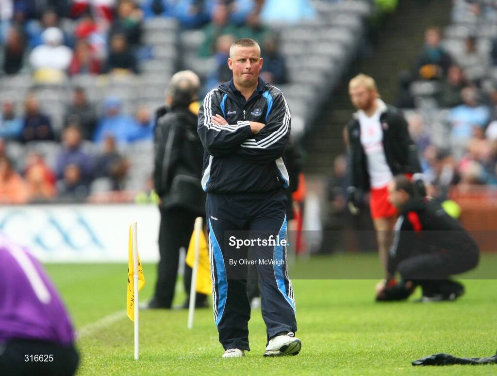 16 August 2008; Dublin manager Paul Caffrey in dejected mood on the sideline. GAA Football All-Ireland Senior Championship Quarter-Final, Dublin v Tyrone, Croke Park, Dublin. Picture credit: Oliver McVeigh / SPORTSFILE