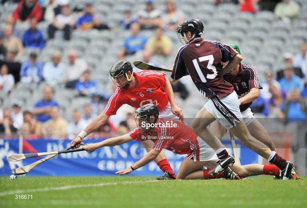 17 August 2008; Padraig O'Shea, left, and Eoin Moynihan, Cork, in action against Richard Cummins, and David Burke, right, Galway. ESB GAA Hurling All-Ireland Minor Championship Semi-Final, Cork v Galway, Croke Park, Dublin. Picture credit: Brian Lawless / SPORTSFILE