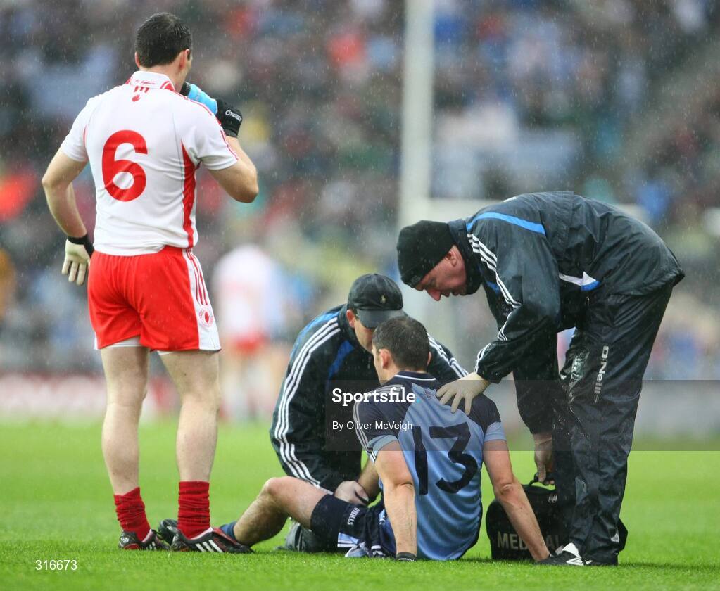 16 August 2008; Alan Brogan, Dublin, receives treatment for a first half injury. GAA Football All-Ireland Senior Championship Quarter-Final, Dublin v Tyrone, Croke Park, Dublin. Picture credit: Oliver McVeigh / SPORTSFILE
