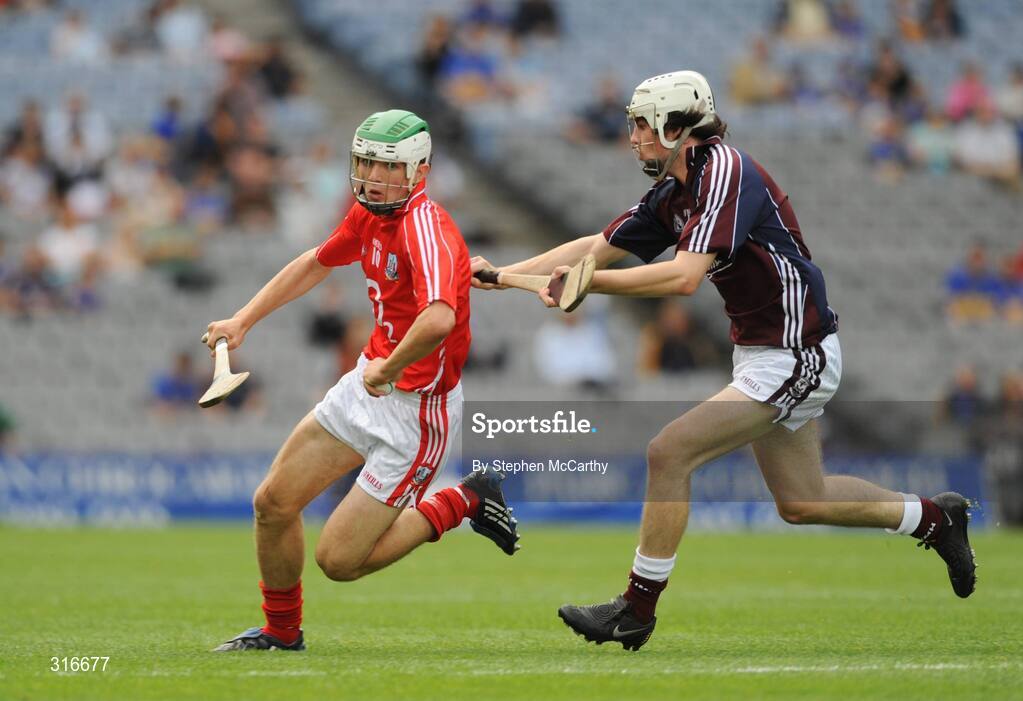 17 August 2008; Mark Collins, Cork, in action against Domhnaill Fox, Galway. ESB GAA Hurling All-Ireland Minor Championship Semi-Final, Cork v Galway, Croke Park, Dublin. Picture credit: Stephen McCarthy / SPORTSFILE