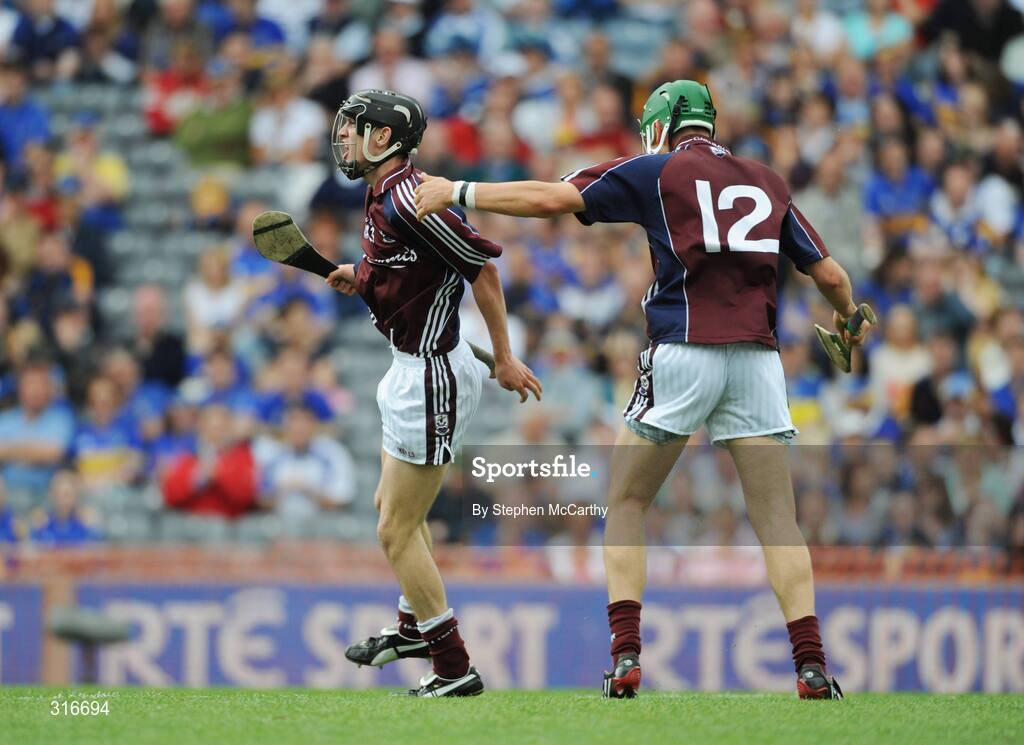 17 August 2008; Richard Cummins, Galway, celebrates with Naill Burke, 12, after scoring his side's first goal. ESB GAA Hurling All-Ireland Minor Championship Semi-Final, Cork v Galway, Croke Park, Dublin. Picture credit: Stephen McCarthy / SPORTSFILE