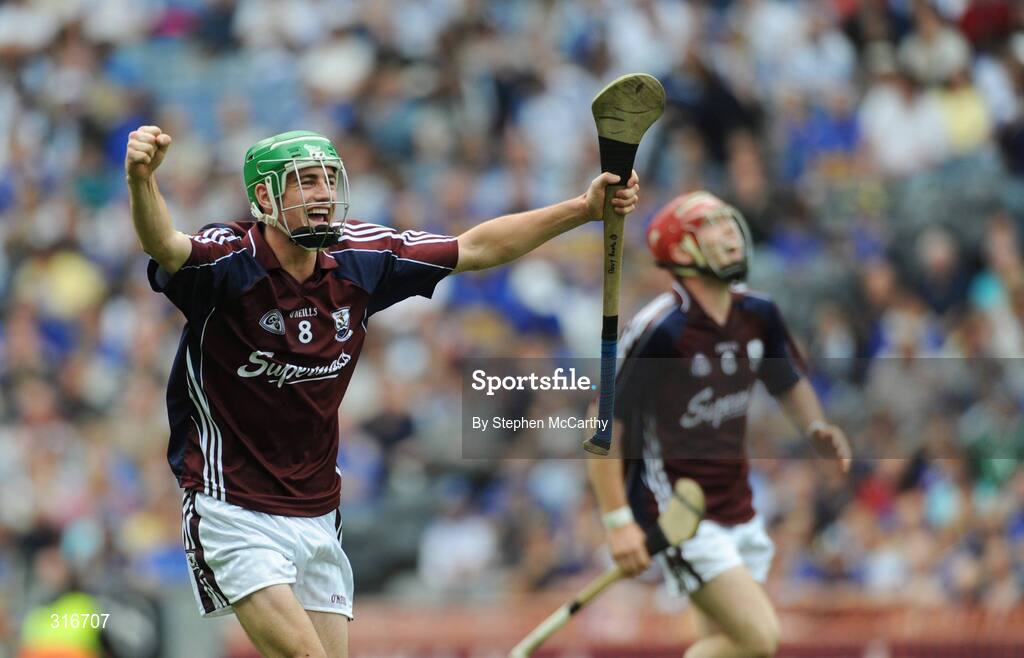 17 August 2008; Galway players David Burke, left, and Donal Cooney celebrate after the final whistle. ESB GAA Hurling All-Ireland Minor Championship Semi-Final, Cork v Galway, Croke Park, Dublin. Picture credit: Stephen McCarthy / SPORTSFILE