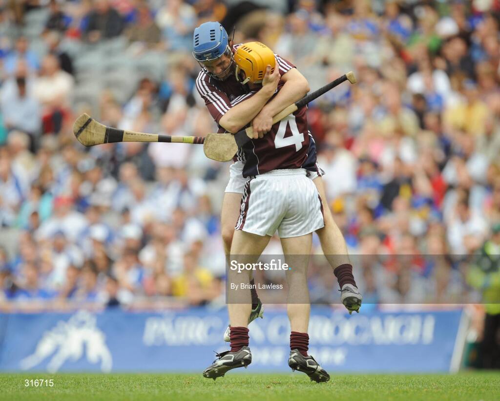 17 August 2008; Galway's Ronan Burke, left, celebrates with team-mate Gerard O'Halloran at the final whistle. ESB GAA Hurling All-Ireland Minor Championship Semi-Final, Cork v Galway, Croke Park, Dublin. Picture credit: Brian Lawless / SPORTSFILE