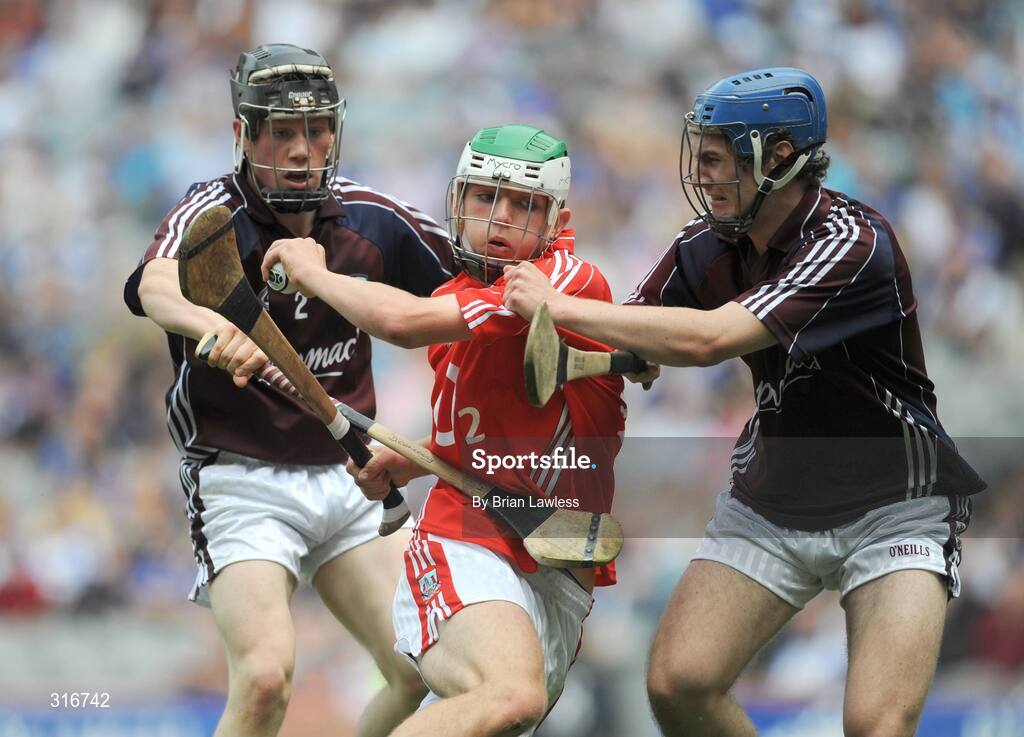 17 August 2008; Mark Collins, Cork, in action against Declan Connolly, left, and Ronan Burke, Galway. ESB GAA Hurling All-Ireland Minor Championship Semi-Final, Cork v Galway, Croke Park, Dublin. Picture credit: Brian Lawless / SPORTSFILE