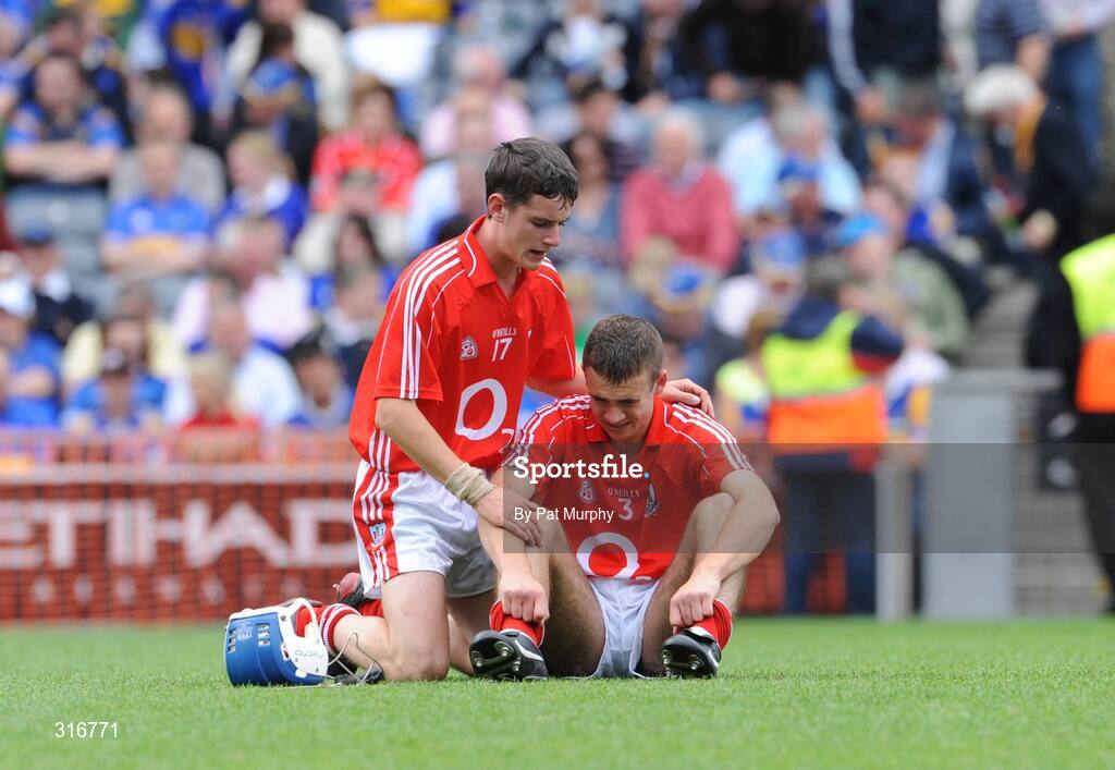 17 August 2008; Cork's Darragh Rogers is consoled by team-mate Brian Collins, left, after the game. ESB GAA Hurling All-Ireland Minor Championship Semi-Final, Cork v Galway, Croke Park, Dublin. Picture credit: Pat Murphy / SPORTSFILE