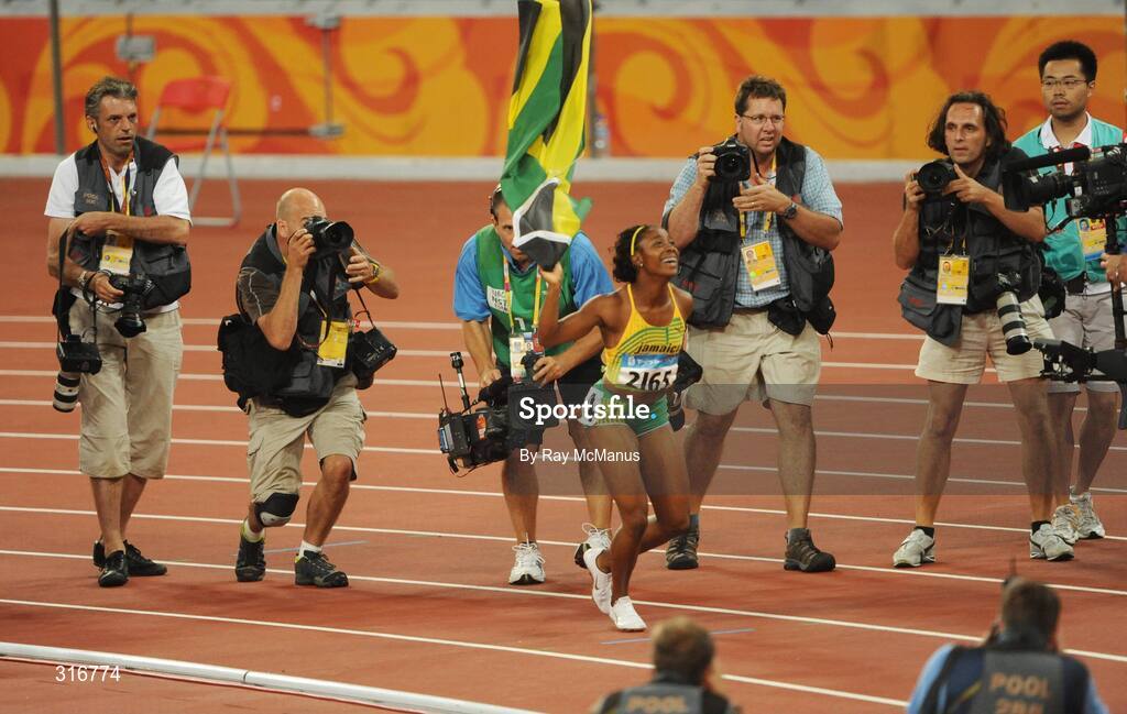 17 August 2008; Shelly Ann Fraser, Jamaica, celebrates winning the Women's 100m Final in a time of 10.78 seconds. Beijing 2008 - Games of the XXIX Olympiad, National Stadium, Olympic Green, Beijing, China. Picture credit: Ray McManus / SPORTSFILE