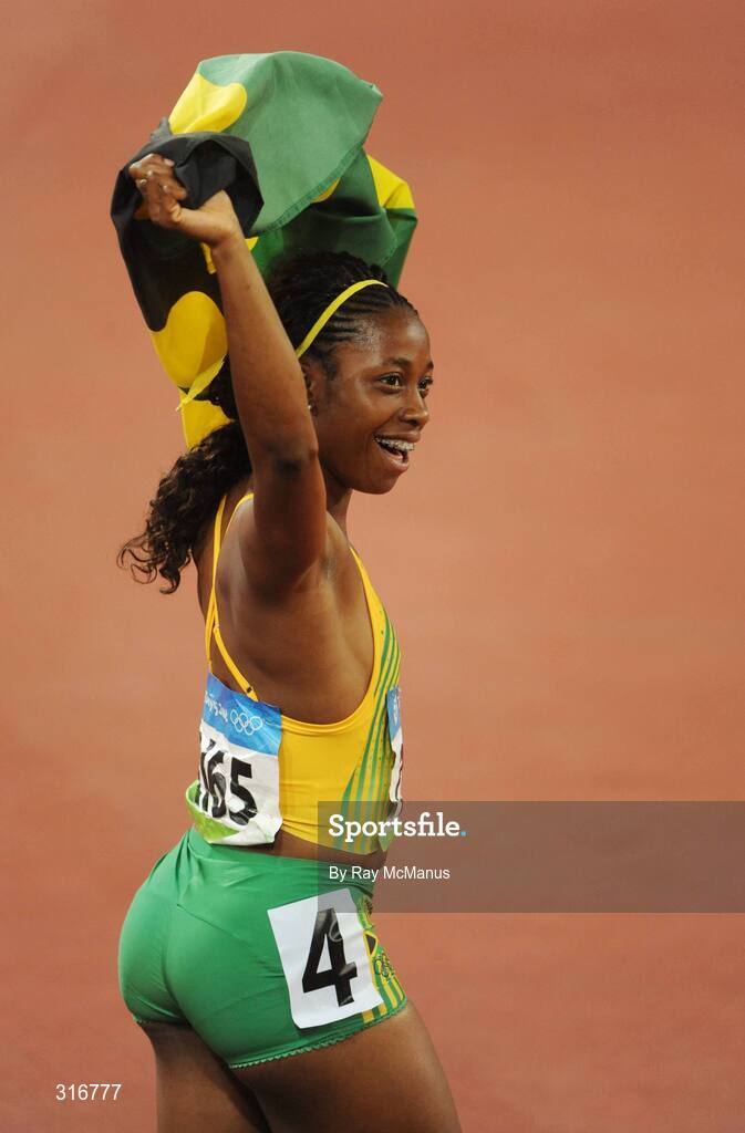17 August 2008; Shelly Ann Fraser, Jamaica, celebrates winning the Women's 100m Final in a time of 10.78 seconds. Beijing 2008 - Games of the XXIX Olympiad, National Stadium, Olympic Green, Beijing, China. Picture credit: Ray McManus / SPORTSFILE