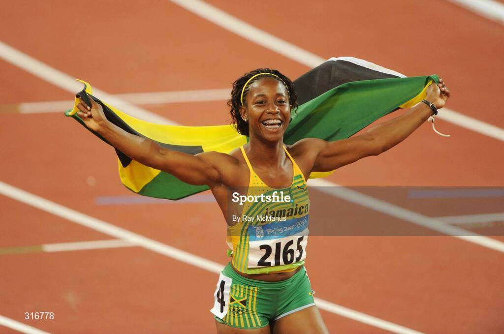 17 August 2008; Shelly Ann Fraser, Jamaica, celebrates winning the Women's 100m Final in a time of 10.78 seconds. Beijing 2008 - Games of the XXIX Olympiad, National Stadium, Olympic Green, Beijing, China. Picture credit: Ray McManus / SPORTSFILE