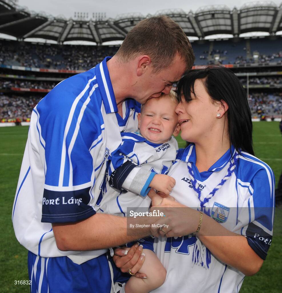 17 August 2008; Waterford's Eoin Kelly celebrates with his girlfriend Sharon Carey and son Sean, age 2, after the match. GAA Hurling All-Ireland Senior Championship Semi-Final, Tipperary v Waterford, Croke Park, Dublin. Picture credit: Stephen McCarthy / SPORTSFILE