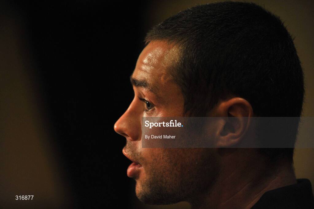 17 August 2008; Republic of Ireland's Damien Delaney speaks to the media during the players mixed zone, Grand Hotel, Malahide, Dublin. Picture credit: David Maher / SPORTSFILE
