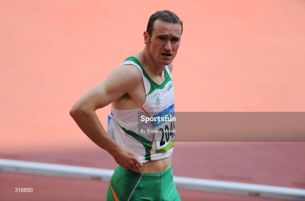 18 August 2008; Paul Hession, Ireland, after his Round 1 heat of the Men's 400m, where he finished 3rd in a time of 20.59 and progressed to Round 2. Beijing 2008 - Games of the XXIX Olympiad, National Stadium, Olympic Green, Beijing, China. Picture credit: Brendan Moran / SPORTSFILE