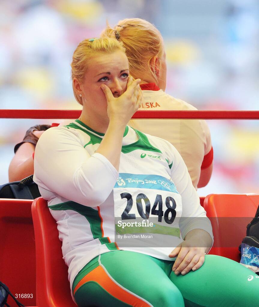 18 August 2008; Eileen O'Keeffe, Ireland, reacts after her first attempt in Group B qualifying in the Women's Hammer. She threw a best of 67.66m but failed to qualify for the final. Beijing 2008 - Games of the XXIX Olympiad, National Stadium, Olympic Green, Beijing, China. Picture credit: Brendan Moran / SPORTSFILE