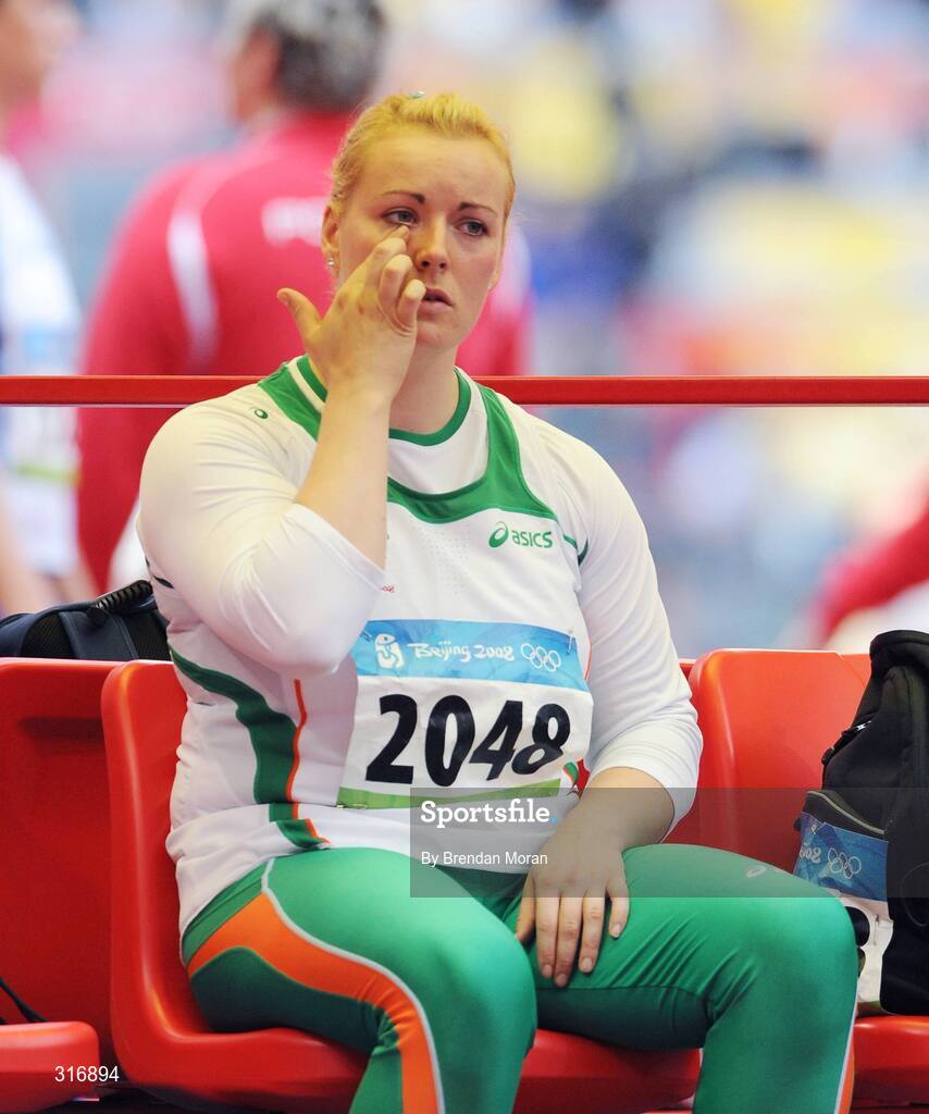 18 August 2008; Eileen O'Keeffe, Ireland, reacts after her first attempt in Group B qualifying in the Women's Hammer. She threw a best of 67.66m but failed to qualify for the final. Beijing 2008 - Games of the XXIX Olympiad, National Stadium, Olympic Green, Beijing, China. Picture credit: Brendan Moran / SPORTSFILE