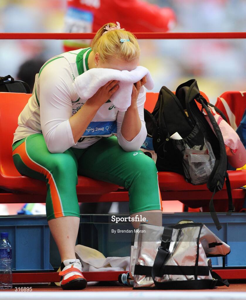 18 August 2008; Eileen O'Keeffe, Ireland, reacts after her second attempt in Group B qualifying in the Women's Hammer. She threw a best of 67.66m but failed to qualify for the final. Beijing 2008 - Games of the XXIX Olympiad, National Stadium, Olympic Green, Beijing, China. Picture credit: Brendan Moran / SPORTSFILE