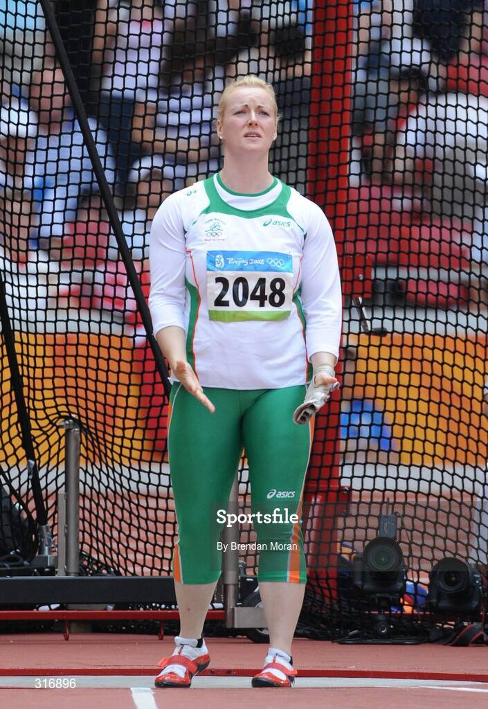 18 August 2008; Eileen O'Keeffe, Ireland, urges on her hammer during her third attempt in Group B qualifying in the Women's Hammer. She threw a best of 67.66m but failed to qualify for the final. Beijing 2008 - Games of the XXIX Olympiad, National Stadium, Olympic Green, Beijing, China. Picture credit: Brendan Moran / SPORTSFILE