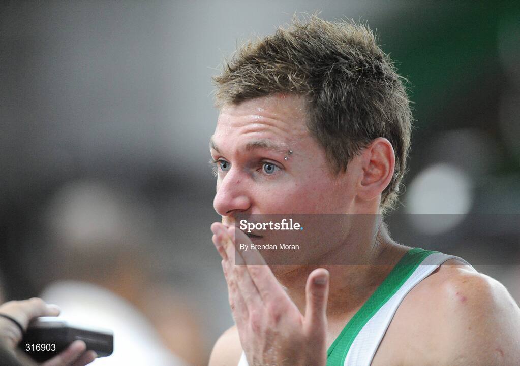 18 August 2008; David Gillick, Ireland, after his heat of the Men's 400m where he finished 4th in a time of 45.83 and failed to progress to the semi-finals. Beijing 2008 - Games of the XXIX Olympiad, National Stadium, Olympic Green, Beijing, China. Picture credit: Brendan Moran / SPORTSFILE