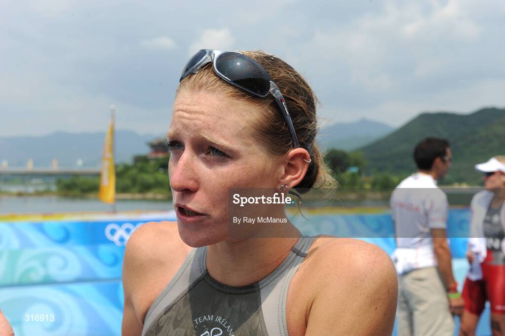 18 August 2008; Emma Davis, Ireland, who finished the Women's Triathlon in a time of 2:06:29.36. Beijing 2008 - Games of the XXIX Olympiad, Triathlon Venue, Ming Tomb Reservoir, Beijing, China. Picture credit: Ray McManus / SPORTSFILE