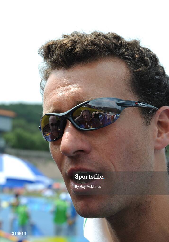 18 August 2008; Team Leader Richard Stannard speaking to reporters after Ireland's Emma Davis had finished the Women's Triathlon in a time of 2:06:29.36. Beijing 2008 - Games of the XXIX Olympiad, Triathlon Venue, Ming Tomb Reservoir, Beijing, China. Picture credit: Ray McManus / SPORTSFILE