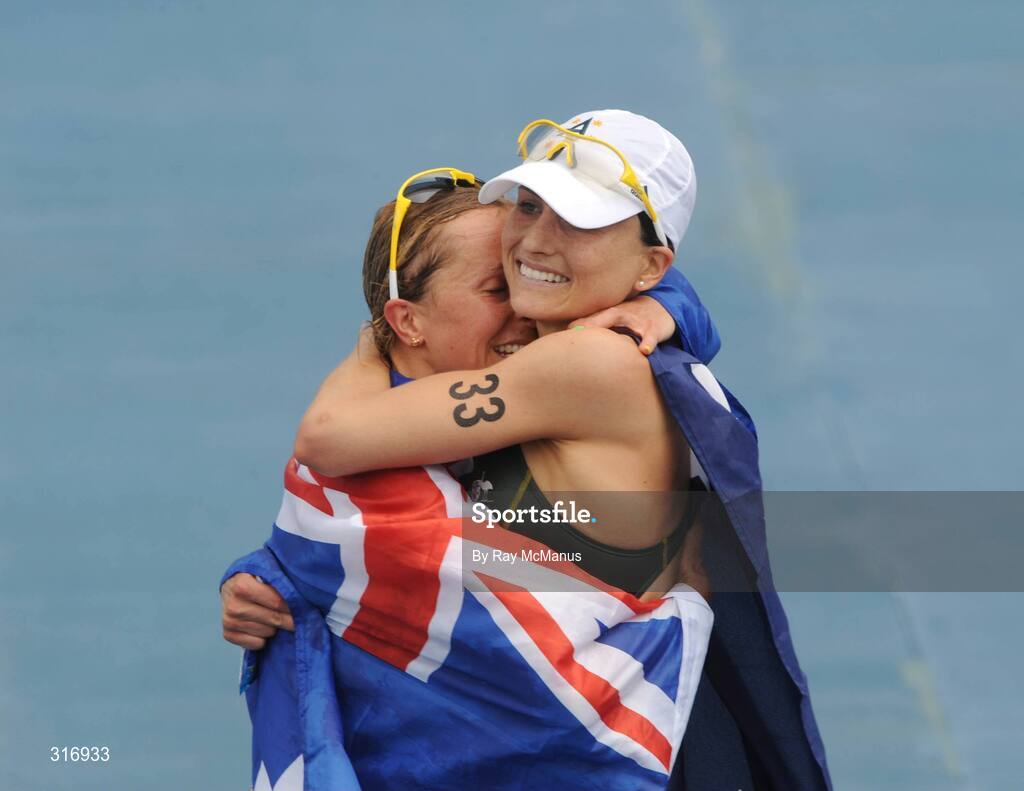 18 August 2008; Emma Snowsill, Australia, left, who won the Women's Triathlon in a time of 1:58:27.66 celebrates winning the Gold Medal with team-mate Emma Moffatt who finished 3rd to win the Bronze Medal. Beijing 2008 - Games of the XXIX Olympiad, Triathlon Venue, Ming Tomb Reservoir, Beijing, China. Picture credit: Ray McManus / SPORTSFILE