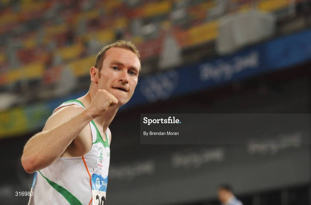 18 August 2008; Paul Hession, Ireland, after winning his Round 2 heat of the Men's 200m in a season best time of 20.32 and qualifying for the semi-finals. Beijing 2008 - Games of the XXIX Olympiad, National Stadium, Olympic Green, Beijing, China. Picture credit: Brendan Moran / SPORTSFILE