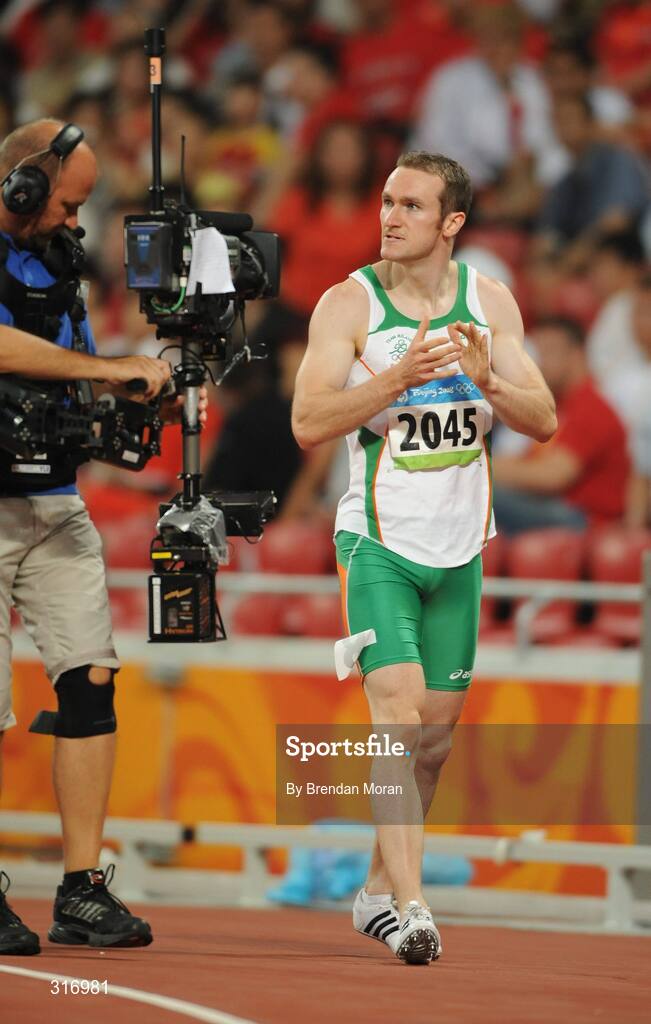 18 August 2008; Paul Hession, Ireland, after winning his Round 2 heat of the Men's 200m in a season best time of 20.32 and qualifying for the semi-finals. Beijing 2008 - Games of the XXIX Olympiad, National Stadium, Olympic Green, Beijing, China. Picture credit: Brendan Moran / SPORTSFILE
