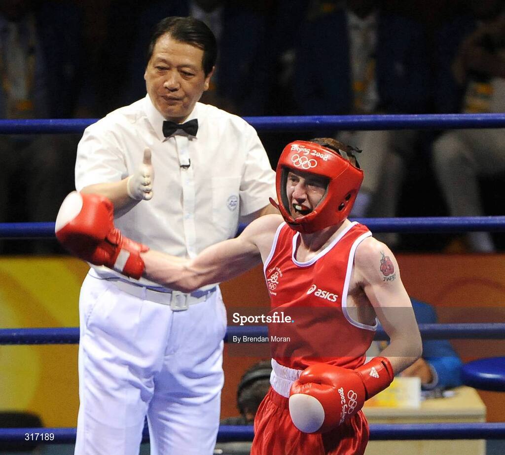 19 August 2008; Paddy Barnes, Ireland, celebrates his victory over Lukasz Maszczyk, Poland, after their quarter-final bout in the Light Fly weight, 48kg, contest. Beijing 2008 - Games of the XXIX Olympiad, Beijing Workers' Gymnasium, Olympic Green, Beijing, China. Picture credit: Brendan Moran / SPORTSFILE