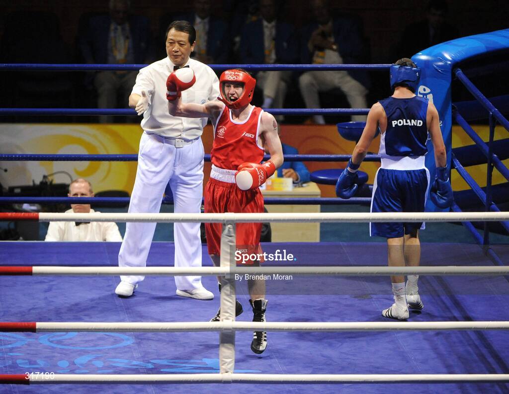 19 August 2008; Paddy Barnes, Ireland, celebrates his victory over Lukasz Maszczyk, Poland, after their quarter-final bout in the Light Fly weight, 48kg, contest. Beijing 2008 - Games of the XXIX Olympiad, Beijing Workers' Gymnasium, Olympic Green, Beijing, China. Picture credit: Brendan Moran / SPORTSFILE