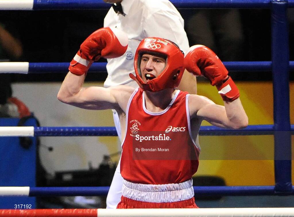 19 August 2008; Paddy Barnes, Ireland, celebrates his victory over Lukasz Maszczyk, Poland, after their quarter-final bout in the Light Fly weight, 48kg, contest. Beijing 2008 - Games of the XXIX Olympiad, Beijing Workers' Gymnasium, Olympic Green, Beijing, China. Picture credit: Brendan Moran / SPORTSFILE