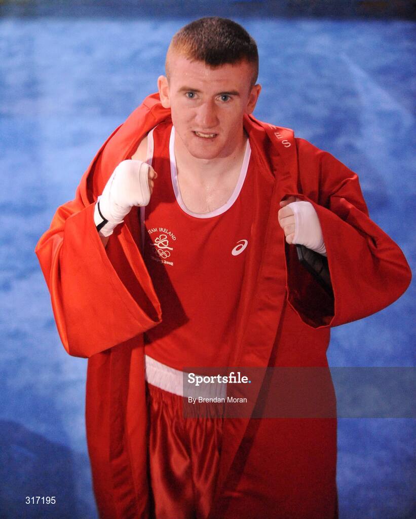 19 August 2008; Paddy Barnes, Ireland, celebrates his victory over Lukasz Maszczyk, Poland, after their quarter-final bout in the Light Fly weight, 48kg, contest. Beijing 2008 - Games of the XXIX Olympiad, Beijing Workers' Gymnasium, Olympic Green, Beijing, China. Picture credit: Brendan Moran / SPORTSFILE