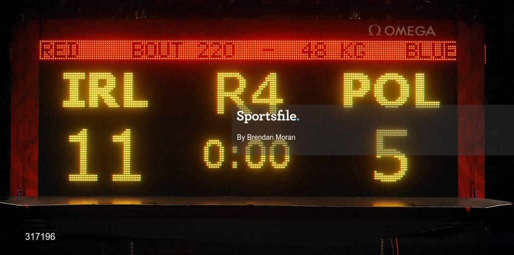 19 August 2008; The scoreboard after the final bell showing victory for Paddy Barnes, Ireland, over Lukasz Maszczyk, Poland, after their quarter-final bout in the Light Fly weight, 48kg, contest. Beijing 2008 - Games of the XXIX Olympiad, Beijing Workers' Gymnasium, Olympic Green, Beijing, China. Picture credit: Brendan Moran / SPORTSFILE