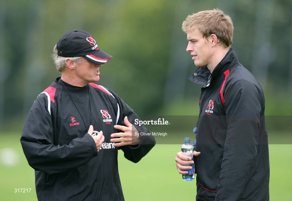 19 August 2008; Ulster head coach Matt Williams in discussion with Andrew Trimble during a squad training session. Ulster Rugby Squad Training Session, Newforge Country Club, Belfast, Co Antrim. Picture credit; Oliver McVeigh / SPORTSFILE