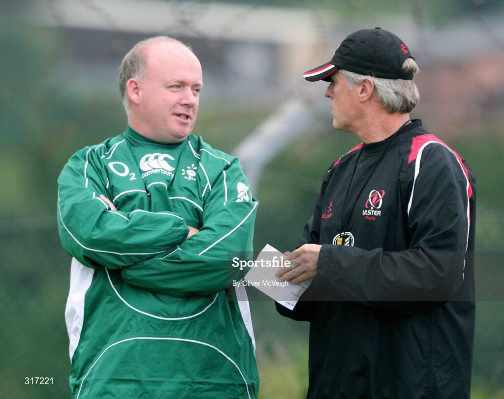 19 August 2008; Ireland head coac Declan Kidney, left, in discussion with Ulster head coach Matt Williams during a squad training session. Ulster Rugby Squad Training Session, Newforge Country Club, Belfast, Co Antrim. Picture credit; Oliver McVeigh / SPORTSFILE