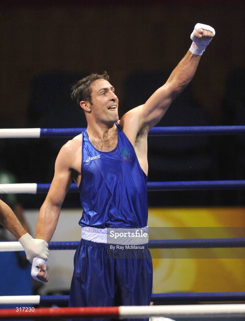 19 August 2008; Kenny Egan, Ireland, celebrates victory over Washington Silva, from Brazil, after their quarter-final bout of the Light Heavy weight, 81kg, contest. Beijing 2008 - Games of the XXIX Olympiad, Beijing Workers Gymnasium, Olympic Green, Beijing, China. Picture credit: Ray McManus / SPORTSFILE