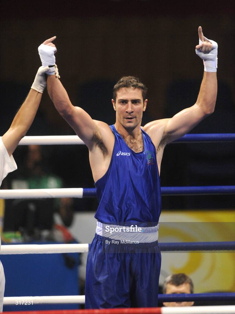 19 August 2008; Kenny Egan, Ireland, celebrates victory over Washington Silva, from Brazil, after their quarter-final bout of the Light Heavy weight, 81kg, contest. Beijing 2008 - Games of the XXIX Olympiad, Beijing Workers Gymnasium, Olympic Green, Beijing, China. Picture credit: Ray McManus / SPORTSFILE
