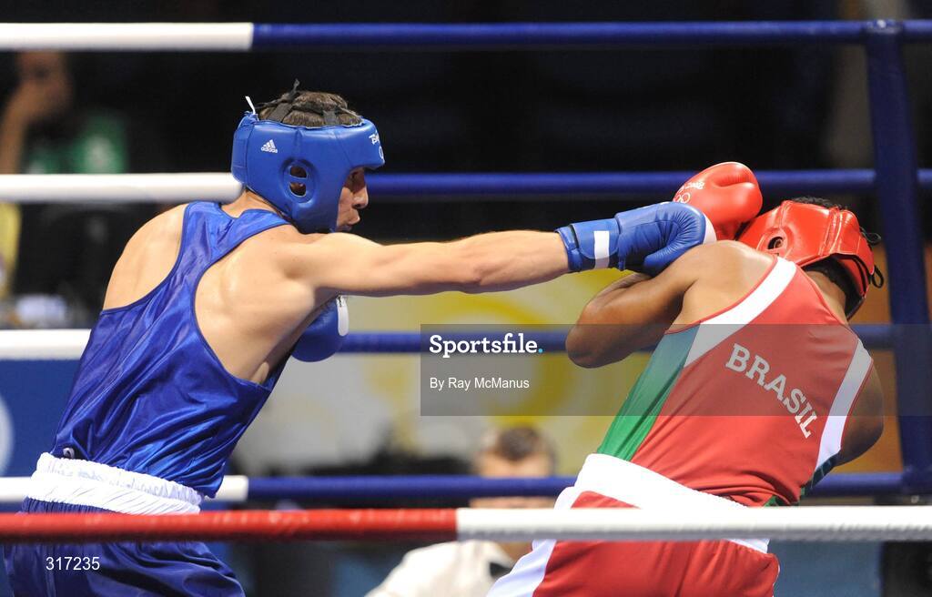 19 August 2008; Kenny Egan, Ireland, in action against Washington Silva, in red from Brazil, during their quarter-final bout of the Light Heavy weight, 81kg, contest. Beijing 2008 - Games of the XXIX Olympiad, Beijing Workers Gymnasium, Olympic Green, Beijing, China. Picture credit: Ray McManus / SPORTSFILE