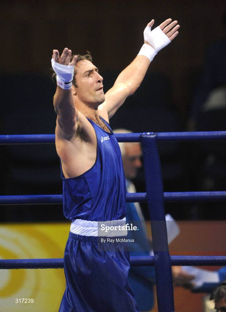 19 August 2008; Kenny Egan, Ireland, celebrates victory over Washington Silva, from Brazil, after their quarter-final bout of the Light Heavy weight, 81kg, contest. Beijing 2008 - Games of the XXIX Olympiad, Beijing Workers Gymnasium, Olympic Green, Beijing, China. Picture credit: Ray McManus / SPORTSFILE