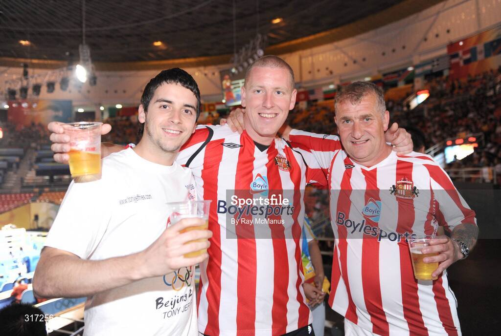 19 August 2008; Great Britain boxing and Sunderland football supporters, from left, Tony Burdon, Paul Lynch and Phil Jeffreies attending the Quarter-Finals. Phil's son Tony qualified to box Ireland's Kenny Egan in the next round. Beijing 2008 - Games of the XXIX Olympiad, Beijing Workers Gymnasium, Olympic Green, Beijing, China. Picture credit: Ray McManus / SPORTSFILE