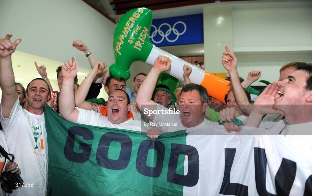 19 August 2008; Ireland boxing supporters celebrate after attending the Quarter-Finals which resulted in victories for both Paddy Barnes and Kenneth Egan, who both progress to the semi-finals and are guaranteed at least a bronze medal. Beijing 2008 - Games of the XXIX Olympiad, Beijing Workers Gymnasium, Olympic Green, Beijing, China. Picture credit: Ray McManus / SPORTSFILE