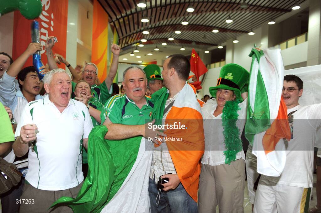 19 August 2008; Ireland boxing supporters including Dominic O'Rourke, President of the Irish Amateur Boxing Association, IABA, celebrate after attending the Quarter-Finals which resulted in victories for both Paddy Barnes and Kenneth Egan, who both progress to the semi-finals and are guaranteed at least a bronze medal. Beijing 2008 - Games of the XXIX Olympiad, Beijing Workers Gymnasium, Olympic Green, Beijing, China. Picture credit: Ray McManus / SPORTSFILE