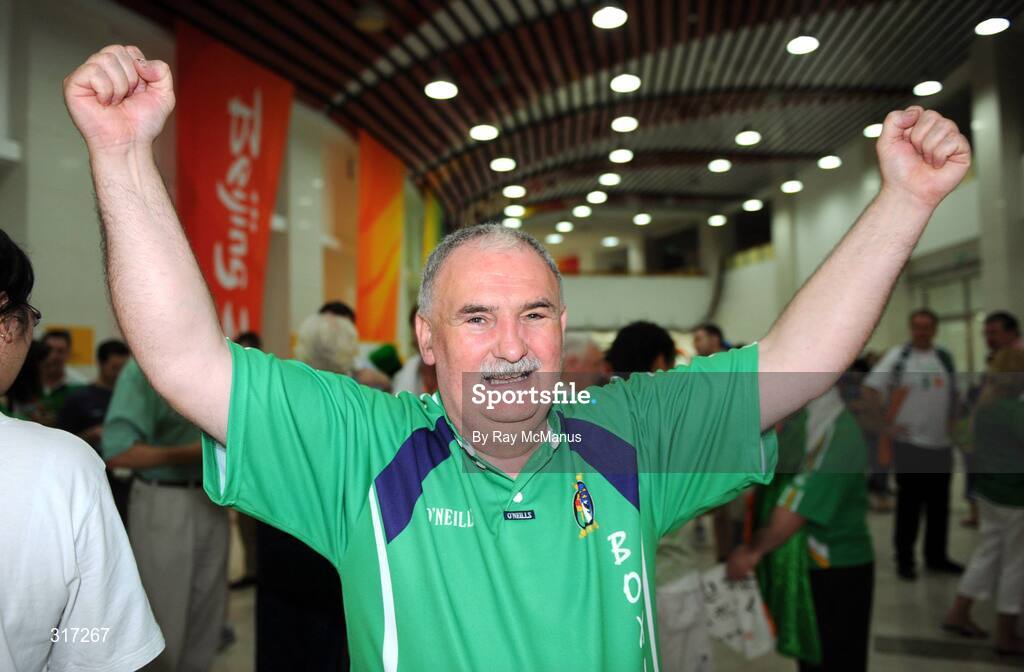 19 August 2008; Dominic O'Rourke, President of the Irish Amateur Boxing Association, IABA, celebrates after attending the Quarter-Finals which resulted in victories for both Paddy Barnes and Kenneth Egan, who both progress to the semi-finals and are guaranteed at least a bronze medal. Beijing 2008 - Games of the XXIX Olympiad, Beijing Workers Gymnasium, Olympic Green, Beijing, China. Picture credit: Ray McManus / SPORTSFILE
