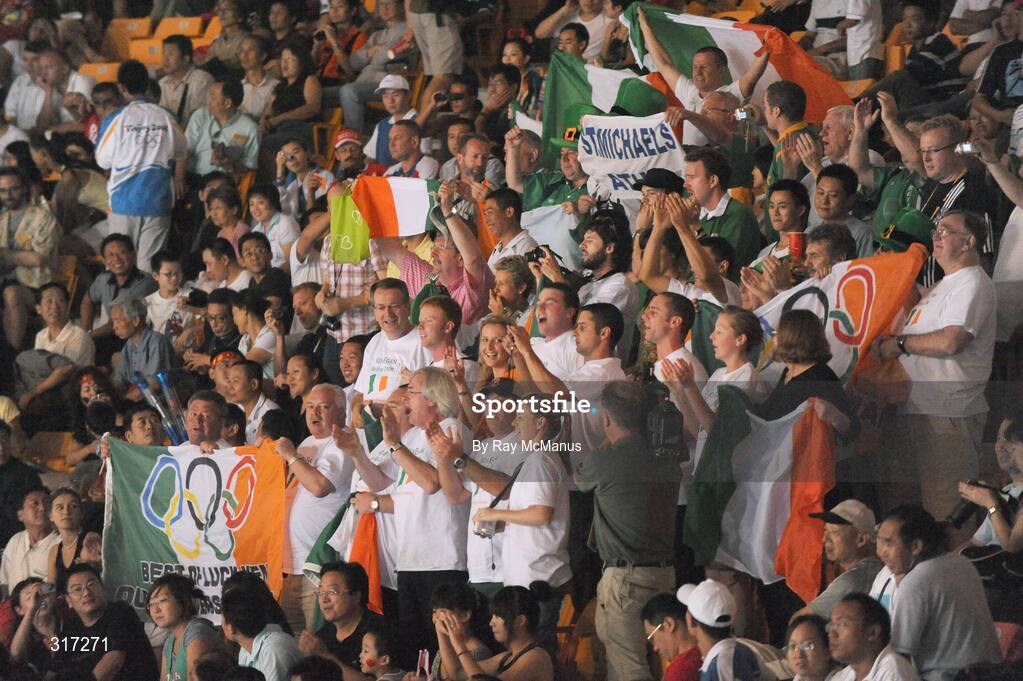 19 August 2008; Ireland boxing supporters attending the Quarter-Finals which resulted in victories for both Paddy Barnes and Kenneth Egan, who both progress to the semi-finals and are guaranteed at least a bronze medal. Beijing 2008 - Games of the XXIX Olympiad, Beijing Workers Gymnasium, Olympic Green, Beijing, China. Picture credit: Ray McManus / SPORTSFILE