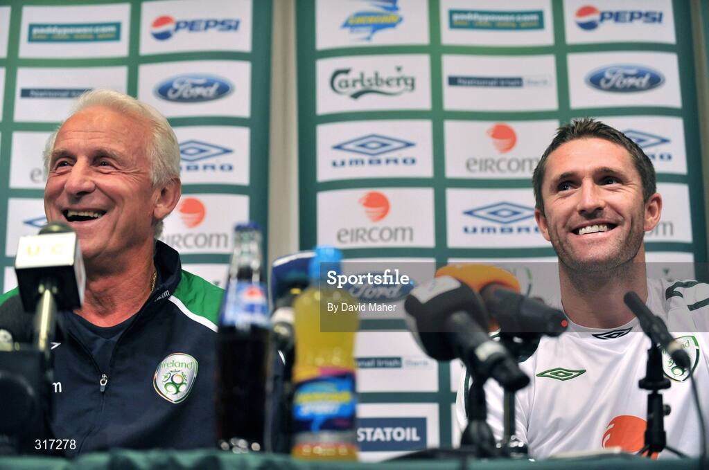 19 August 2008; Republic of Ireland manager Giovanni Trapattoni and captain Robbie Keane speaking to the media during a pre match press conference. Ullevall Stadium, Oslo, Norway. Picture credit: David Maher / SPORTSFILE