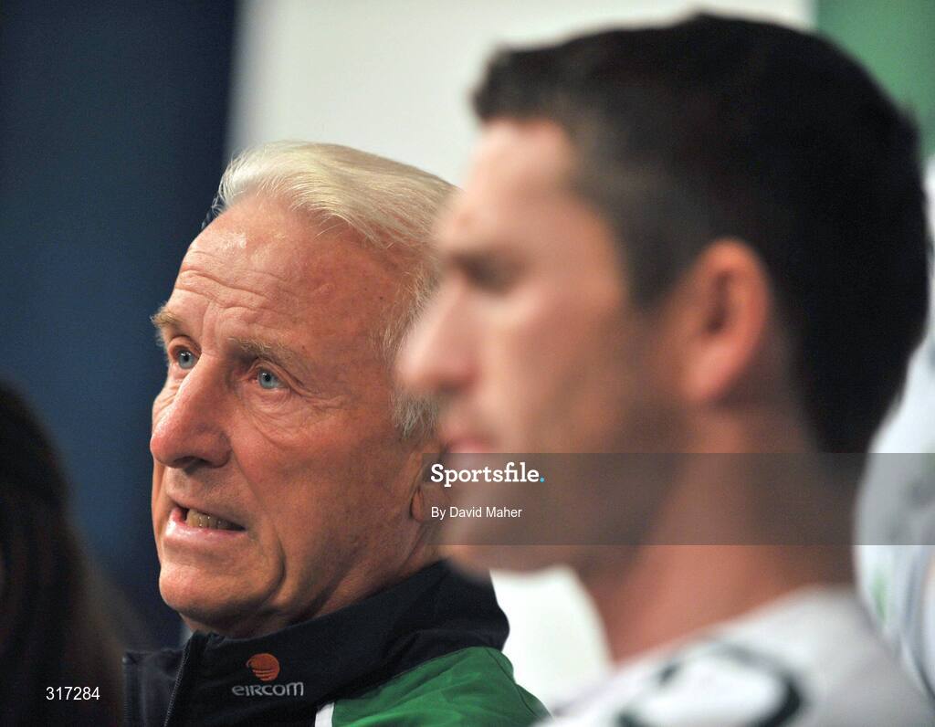 19 August 2008; Republic of Ireland manager Giovanni Trapattoni and captain Robbie Keane speaking to the media during a pre match press conference. Ullevall Stadium, Oslo, Norway. Picture credit: David Maher / SPORTSFILE