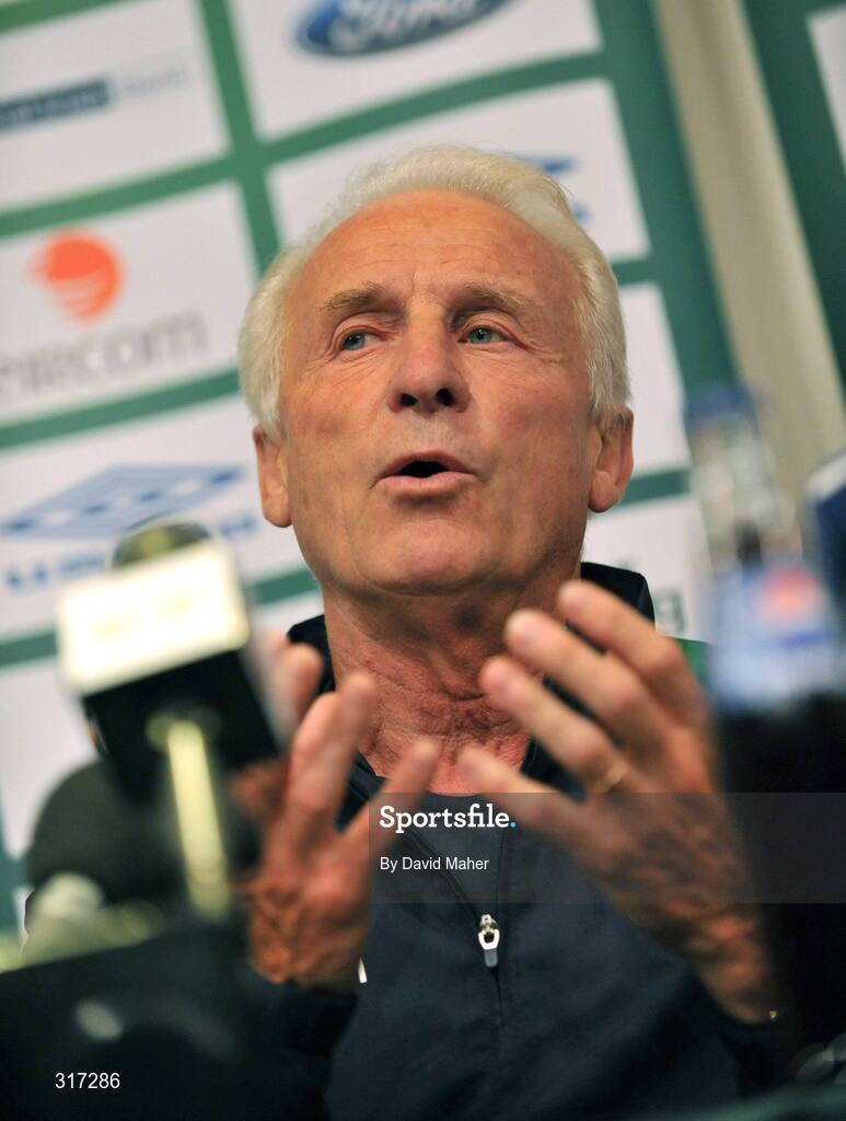 19 August 2008; Republic of Ireland manager Giovanni Trapattoni speaking to the media during a pre match press conference. Ullevall Stadium, Oslo, Norway. Picture credit: David Maher / SPORTSFILE