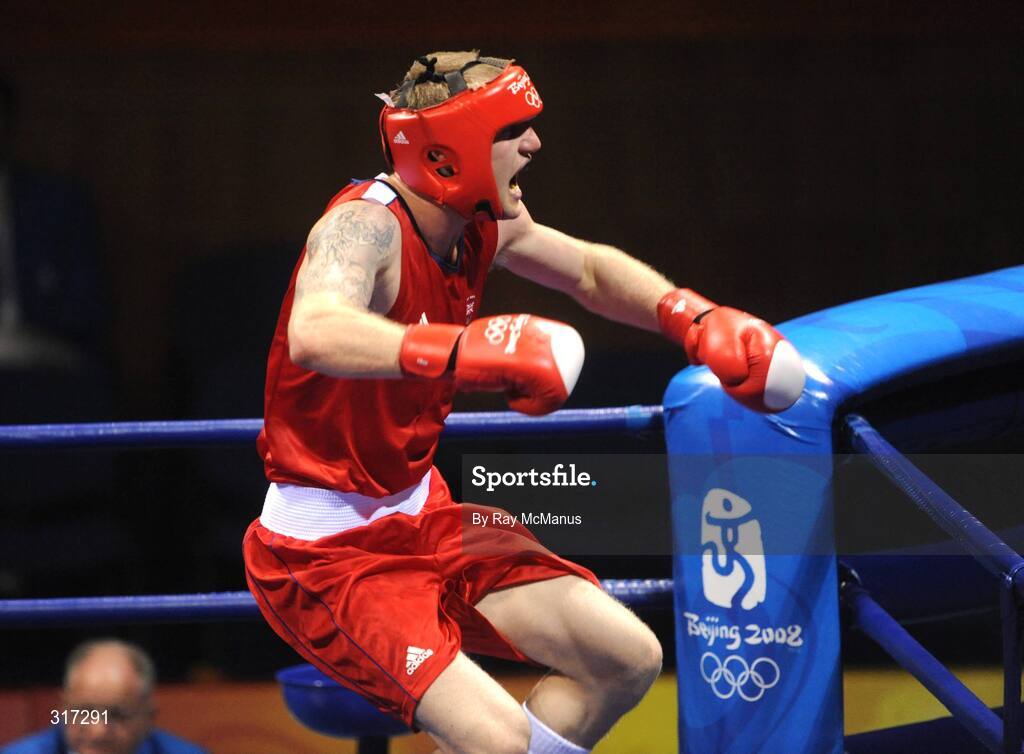 19 August 2008; Tony Jeffries, Great Brittan, celebrates victory over Imre Szello, from Hungary, after their quarter-final bout of the Light Heavy weight, 81kg, contest. Beijing 2008 - Games of the XXIX Olympiad, Beijing Workers Gymnasium, Olympic Green, Beijing, China. Picture credit: Ray McManus / SPORTSFILE