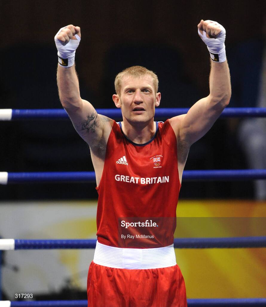 19 August 2008; Tony Jeffries, Great Brittan, celebrates victory over Imre Szello, from Hungary, after their quarter-final bout of the Light Heavy weight, 81kg, contest. Beijing 2008 - Games of the XXIX Olympiad, Beijing Workers Gymnasium, Olympic Green, Beijing, China. Picture credit: Ray McManus / SPORTSFILE