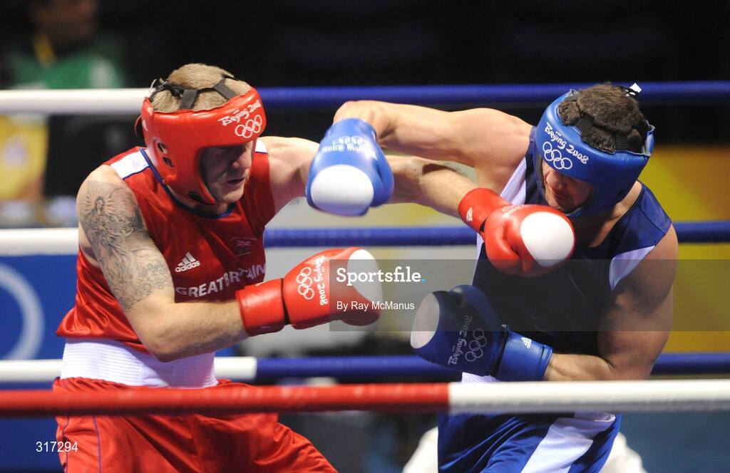 19 August 2008; Tony Jeffries, Great Brittan, in action against Imre Szello, in blue from Hungary, during their quarter-final bout of the Light Heavy weight, 81kg, contest. Beijing 2008 - Games of the XXIX Olympiad, Beijing Workers Gymnasium, Olympic Green, Beijing, China. Picture credit: Ray McManus / SPORTSFILE