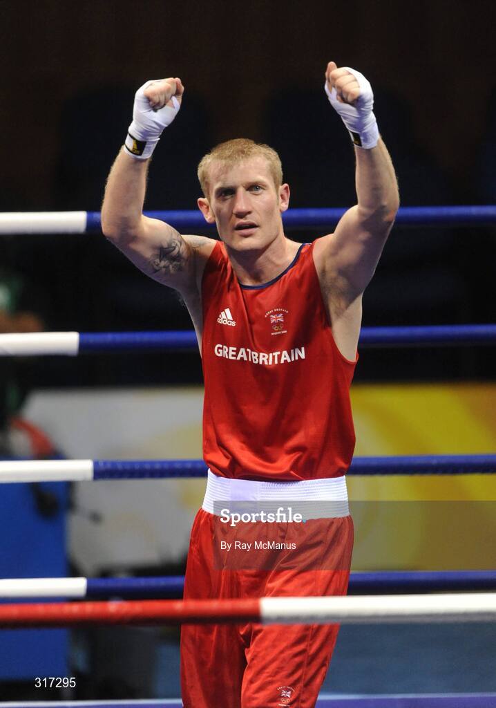 19 August 2008; Tony Jeffries, Great Brittan, celebrates victory over Imre Szello, from Hungary, after their quarter-final bout of the Light Heavy weight, 81kg, contest. Beijing 2008 - Games of the XXIX Olympiad, Beijing Workers Gymnasium, Olympic Green, Beijing, China. Picture credit: Ray McManus / SPORTSFILE