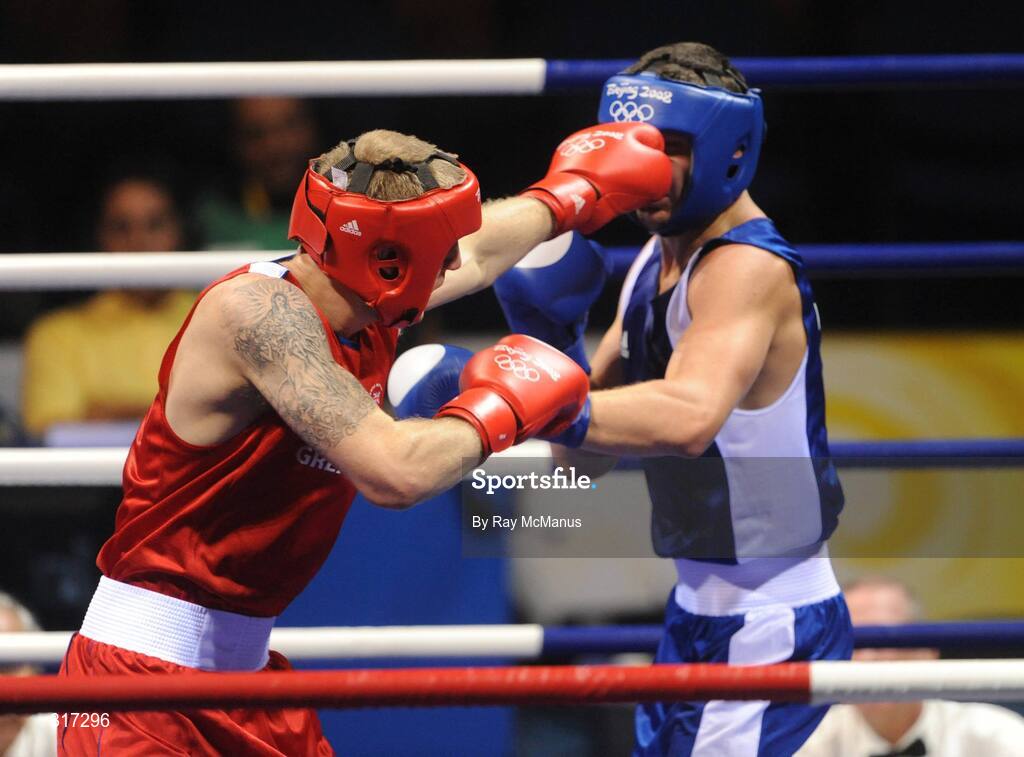 19 August 2008; Tony Jeffries, Great Brittan, in action against Imre Szello, in blue from Hungary, during their quarter-final bout of the Light Heavy weight, 81kg, contest. Beijing 2008 - Games of the XXIX Olympiad, Beijing Workers Gymnasium, Olympic Green, Beijing, China. Picture credit: Ray McManus / SPORTSFILE